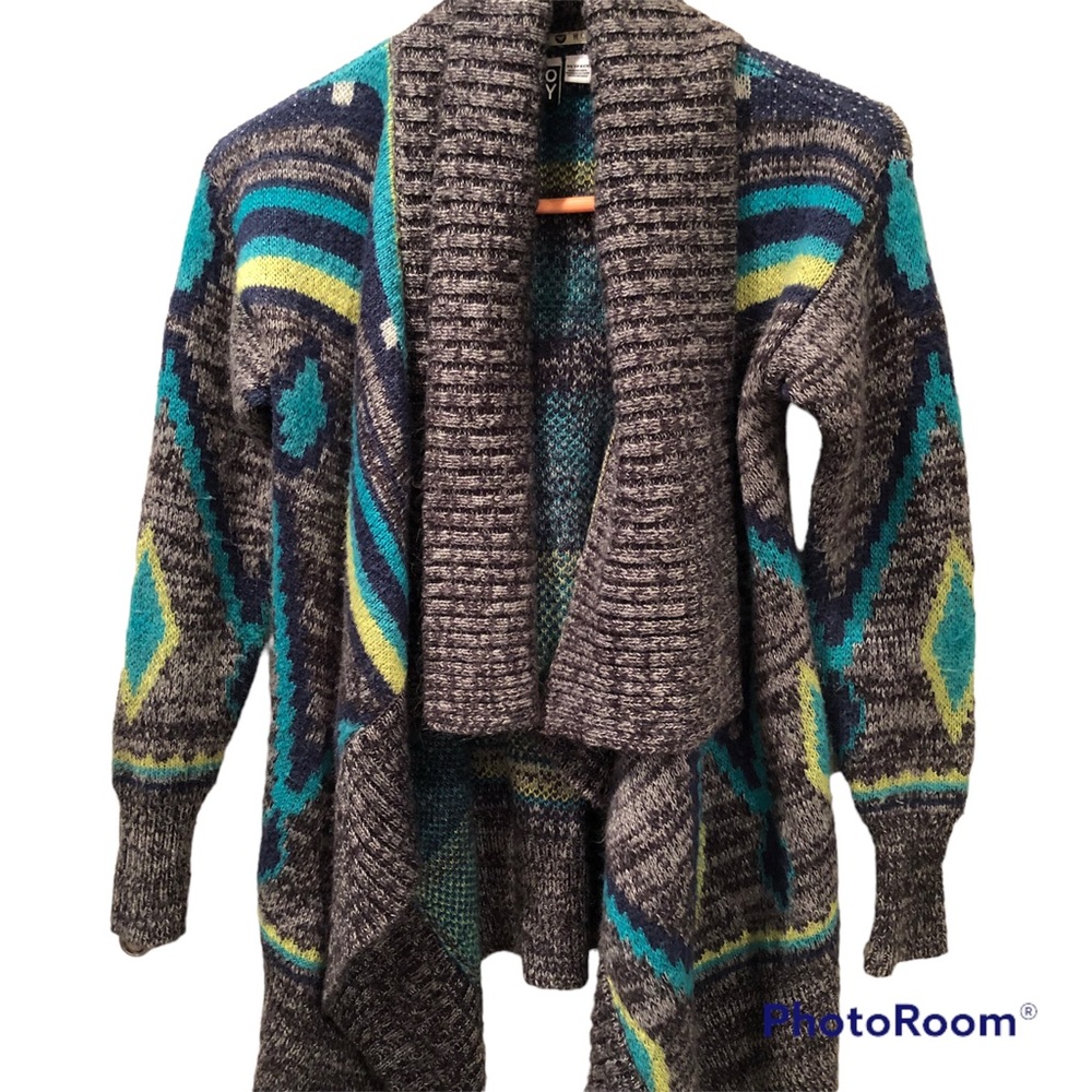 Roxy Boho Sweater Shawl Cardigan Teal Multi Print 100% Acrylic in EUC XS A
